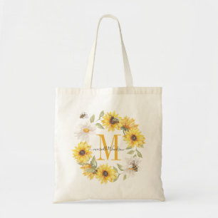 Monogrammed Yellow Gold Waterverf Sunflower Tote Bag