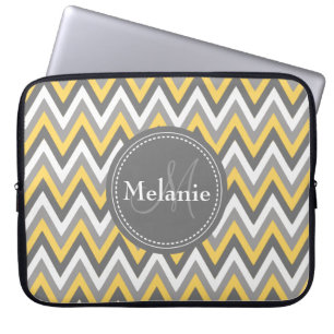 Monogrammed Yellow & Gray Chevron Pattern Laptop Sleeve