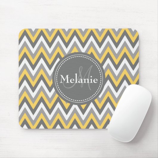Monogrammed Yellow & Gray Chevron Pattern Muismat (Met muis)