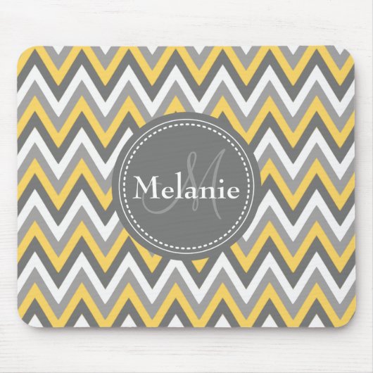Monogrammed Yellow & Gray Chevron Pattern Muismat (Voorkant)