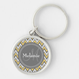 Monogrammed Yellow & Gray Chevron Pattern Sleutelhanger