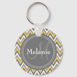 Monogrammed Yellow & Gray Chevron Pattern Sleutelhanger