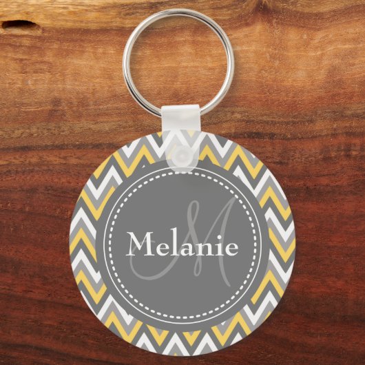 Monogrammed Yellow & Gray Chevron Pattern Sleutelhanger (Voorkant)