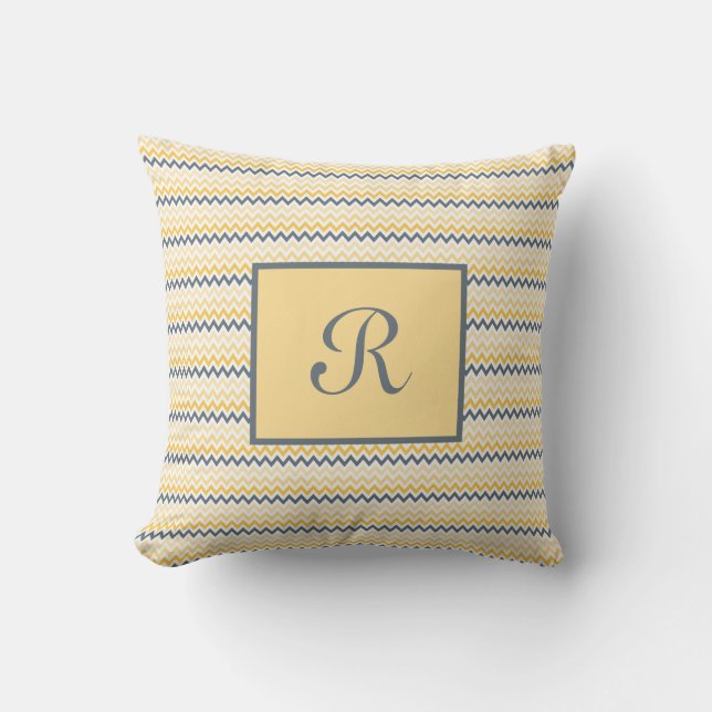 Monogrammed Yellow Gray Chevron Script Kussen (Voorkant)