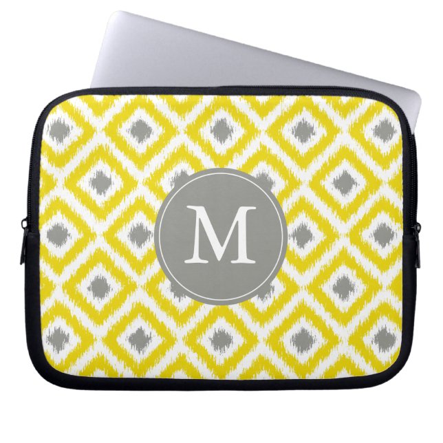 Monogrammed Yellow Grey Diamond Ikat Pattern Laptop Sleeve (Voorkant)