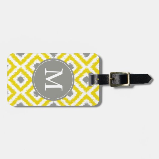 Monogrammed Yellow Grey Diamonds Ikat Pattern Bagagelabel (Voorkant horizontaal)