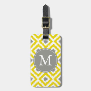 Monogrammed Yellow Grey Diamonds Ikat Pattern Bagagelabel