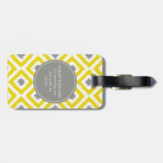 Monogrammed Yellow Grey Diamonds Ikat Pattern Bagagelabel (Achterkant horizontaal)