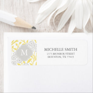 Monogrammed Yellow Grey Floral Damask Pattern Etiket
