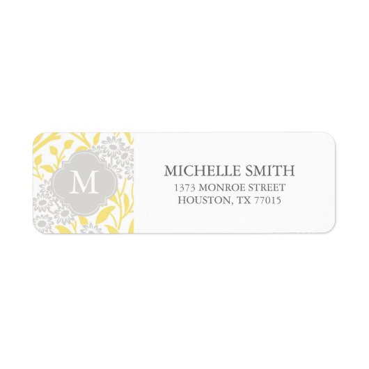 Monogrammed Yellow Grey Floral Damask Pattern Etiket (Voorkant)