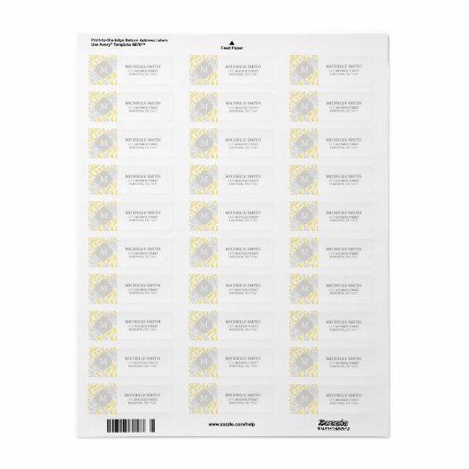 Monogrammed Yellow Grey Floral Damask Pattern Etiket (Full Sheet)