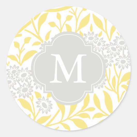 Monogrammed Yellow Grey Floral Damask Pattern Ronde Sticker (Voorkant)
