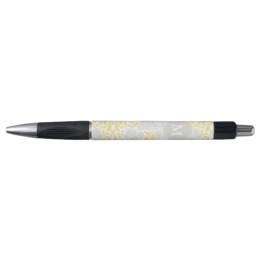 Monogrammed Yellow Grey Floral Damask Pen (Voorkant)