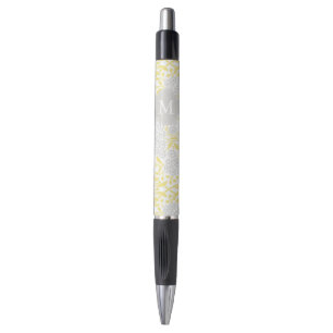 Monogrammed Yellow Grey Floral Damask Pen