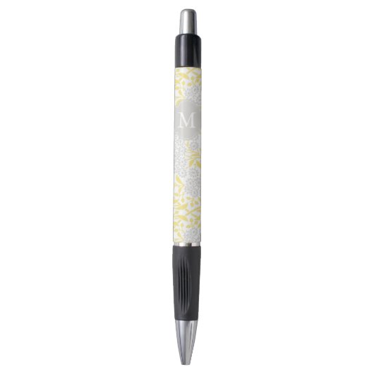 Monogrammed Yellow Grey Floral Damask Pen (Voorkant Verticaal)