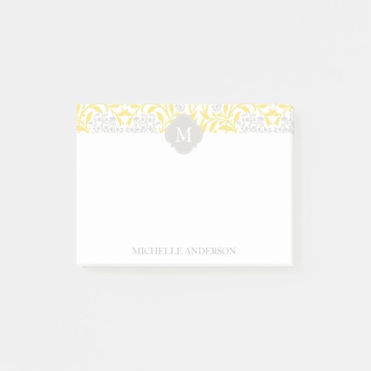 Monogrammed Yellow Grey Floral Damask Post-it® Notes (Voorkant)