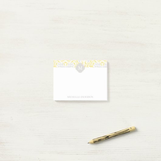 Monogrammed Yellow Grey Floral Damask Post-it® Notes (Op bureau)