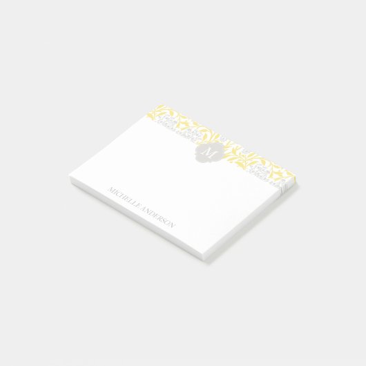 Monogrammed Yellow Grey Floral Damask Post-it® Notes (Schuin)
