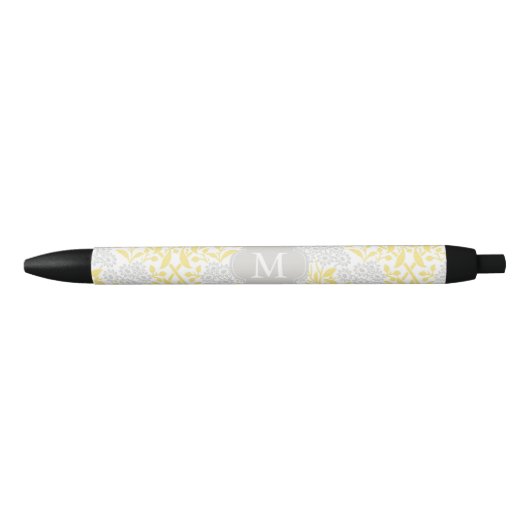 Monogrammed Yellow Grey Floral Damask Zwarte Inkt Pen (Voorkant)