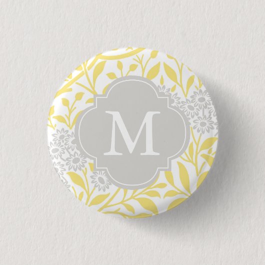 Monogrammed Yellow Grey Floral Pattern Ronde Button 3,2 Cm (Voorkant)