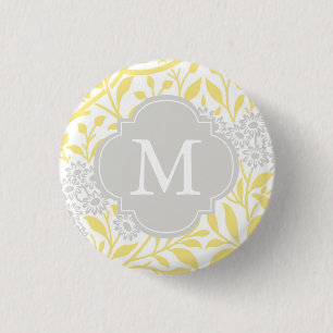 Monogrammed Yellow Grey Floral Pattern Ronde Button 3,2 Cm