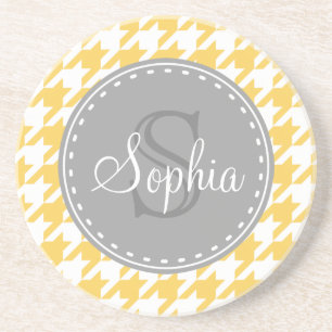 Monogrammed Yellow White Houndstooth Pattern Zandsteen Onderzetter