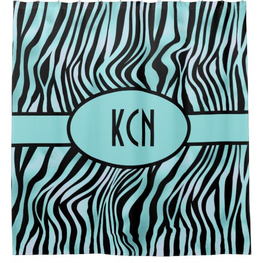 Monogrammed Zebra Print Zwart en Blauwgroen Turquo Douchegordijn (Voorkant)