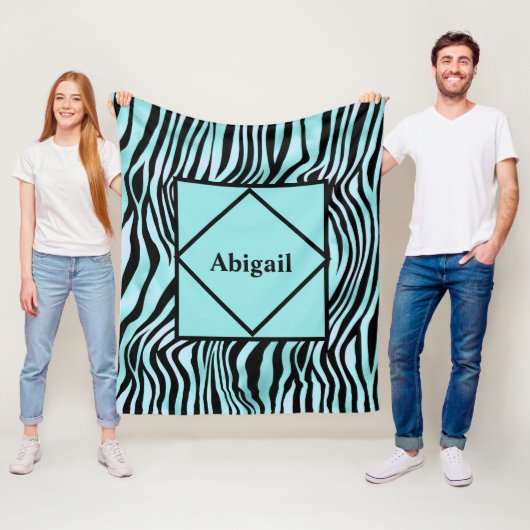Monogrammed Zebra Print Zwart en Blauwgroen Turquo Fleece Deken (In situ)