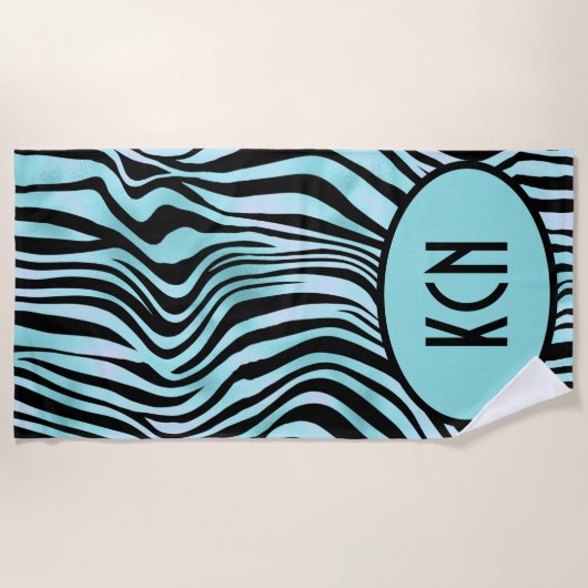 Monogrammed Zebra Print Zwart en Blauwgroen Turquo Strandlaken (Voorkant)