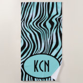 Monogrammed Zebra Print Zwart en Blauwgroen Turquo Strandlaken (Voorkant)
