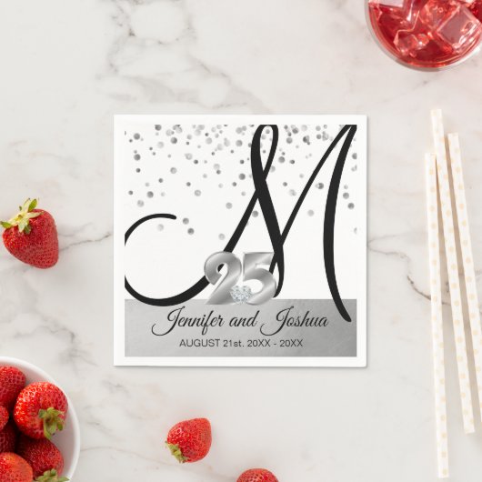 Monogrammed Zilveren 25ste bruiloft Jubileum Servet (Insitu)