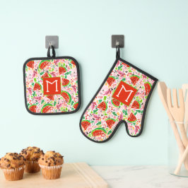 Monogrammed Zomer Watermeloen Fruit Patroon Ovenwant & Pannenlap Set