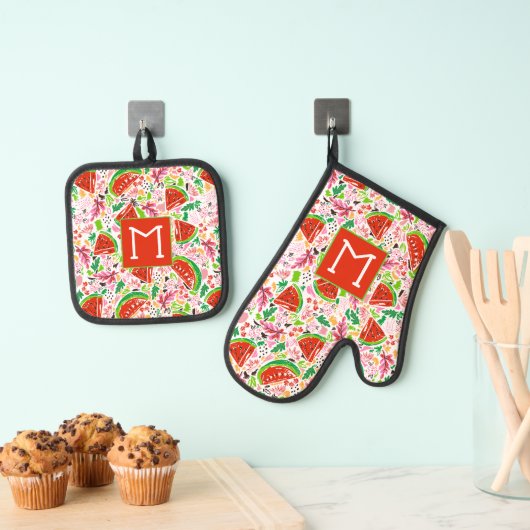 Monogrammed Zomer Watermeloen Fruit Patroon Ovenwant & Pannenlap Set (Insitu(Ophanging))