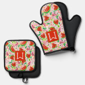 Monogrammed Zomer Watermeloen Fruit Patroon Ovenwant & Pannenlap Set (Voorkant / Achterkant)