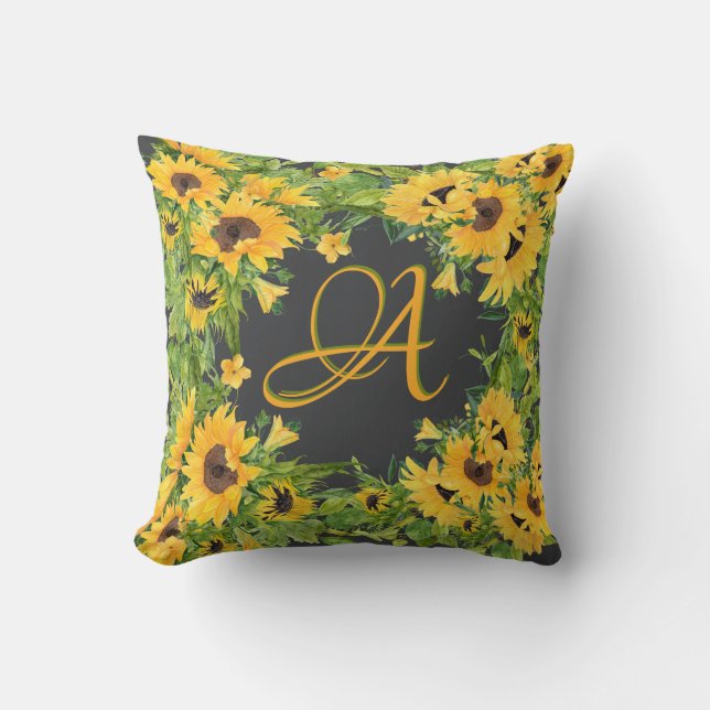 Monogrammed Zonnebloemen Geel Rustisch Decor Kussen (Voorkant)