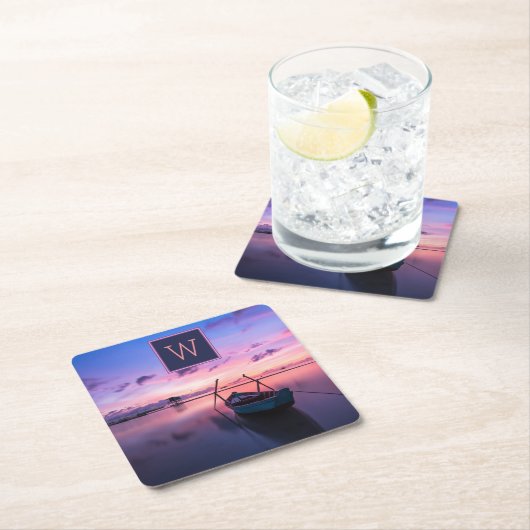 Monogrammed Zonsondergang Waters w / Boot Kartonnen Onderzetters (Insitu)