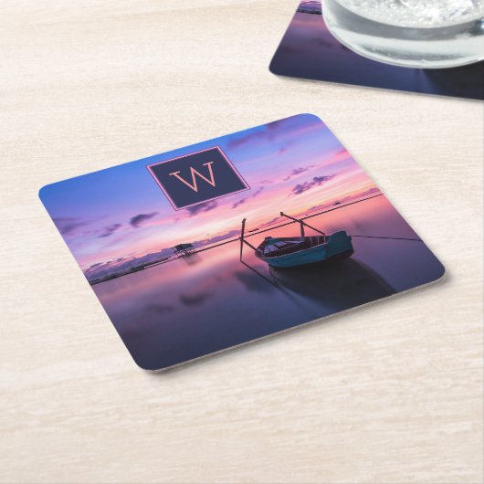 Monogrammed Zonsondergang Waters w / Boot Kartonnen Onderzetters (Schuin)