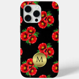 Monogrammed Zwart en Rood Bloemen Poppies iPhone 15 Pro Max Hoesje