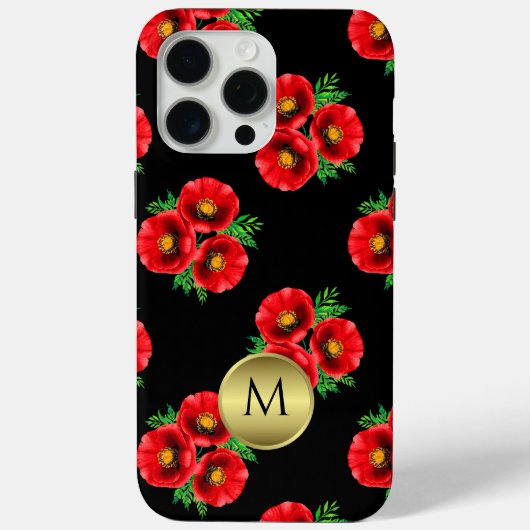 Monogrammed Zwart en Rood Bloemen Poppies Case-Mate iPhone Case (Achterkant)
