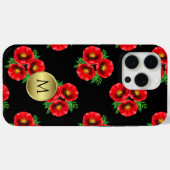 Monogrammed Zwart en Rood Bloemen Poppies Case-Mate iPhone Case (Achterkant (horizontaal))