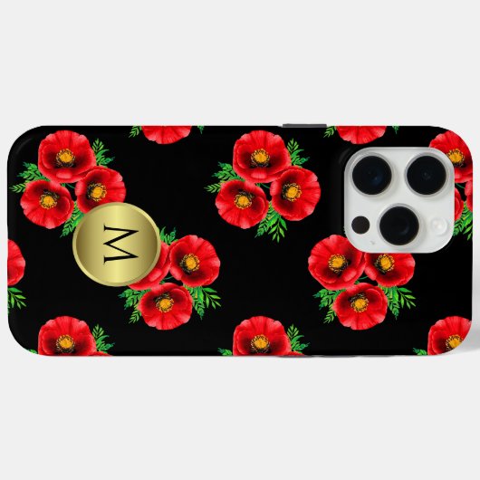 Monogrammed Zwart en Rood Bloemen Poppies Case-Mate iPhone Case (Achterkant (horizontaal))