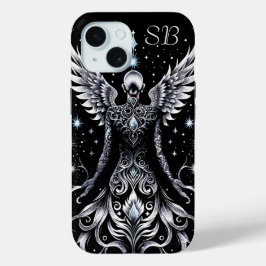 Monogrammed zwart en zilveren Tattoos engel iPhone 15 Case