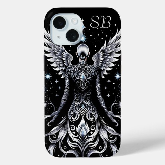 Monogrammed zwart en zilveren Tattoos engel Case-Mate iPhone Case (Achterkant)