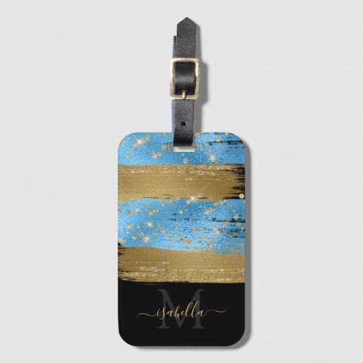 Monogrammed Zwart Goud Script Blauw Goud Bagagelabel (Voorkant (verticaal))
