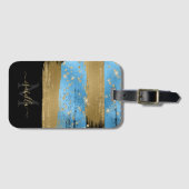 Monogrammed Zwart Goud Script Blauw Goud Bagagelabel (Voorkant (horizontaal))