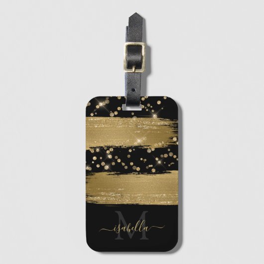 Monogrammed Zwart Goud Script Zwart Goud Bagagelabel (Voorkant (verticaal))