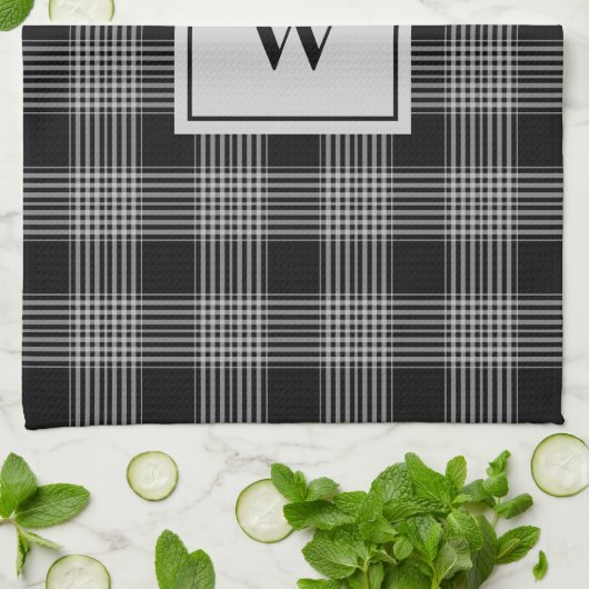 Monogrammed zwart & grijs Gecontroleerd Patroon Theedoek (Gevouwen)