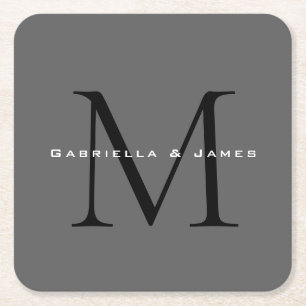 Monogrammed zwart grijs kalligrafie bruiloft kartonnen onderzetters