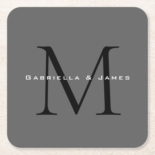 Monogrammed zwart grijs kalligrafie kartonnen onderzetters (Voorkant)