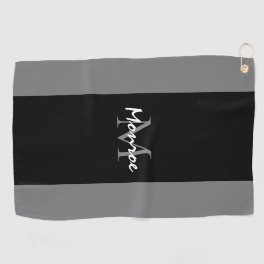 Monogrammed Zwart Grijze Moderne Manuscript Gepers Golfhanddoek (Horizontaal)
